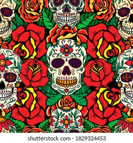 Seamless pattern with sugar skulls and roses. Design element for poster, card, banner, t shirt. Vector illustration