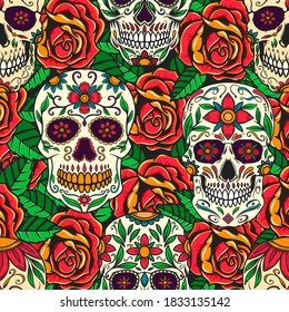 Seamless pattern with sugar skulls and roses. Design element for poster, card, banner, t shirt. Vector illustration