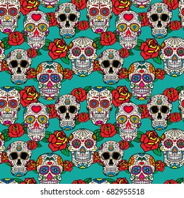 Seamless pattern with sugar skulls and roses. Dia de los muertos. Dead Day. Vector illustration