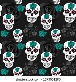Seamless pattern with sugar skulls and turquoise / black roses on black background. Repetitive vector illustration. EPS 10.
