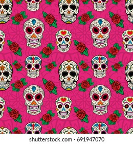 Seamless pattern with sugar skulls. Vector illustration