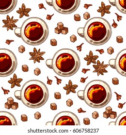 Seamless Pattern With Sugar, Stars Anise, Cloves And Cup Of Tea, Vector Illustration