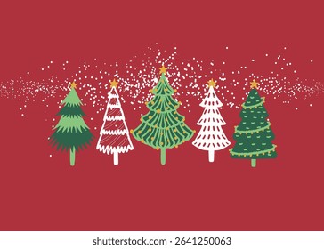 Seamless pattern suitable for packaging design and wallpaper. Illustration of sketched Christmas trees and Holiday dark red background with stylized Christmas trees. 