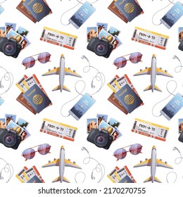 Seamless pattern with suitcase, airplane, camera, passport and boarding pass. Travel, tourism, adventure, journey concept.Vector illustration.