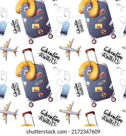 Patrón sin problemas con maleta, avión, teléfono, letras. Viajes, turismo, aventura, concepto de viaje.Ilustración vectorial.