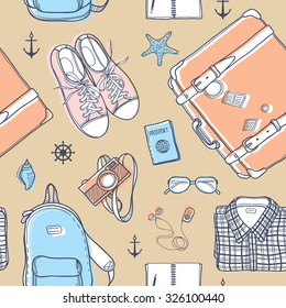 Seamless pattern with suitcase, backpack, notebook, glasses, sneakers, player, camera, passport, clothes, sea shells. Unique background for digital scrapbooking, wallpapers, fabric, travel background.