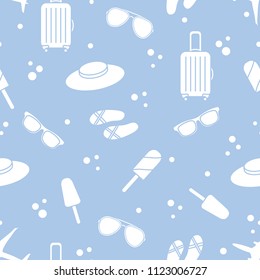 Seamless pattern with suitcase, ice cream, hat, sunglasses, beach slippers. Summer rest concept.