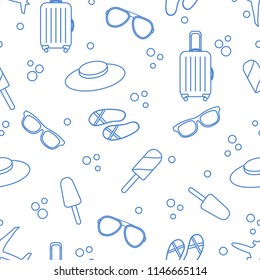Seamless pattern with suitcase, ice cream, hat, sunglasses, beach slippers. Summer rest concept.