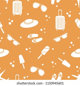 Seamless pattern with suitcase, ice cream, hat, sunglasses, beach slippers. Summer rest concept.