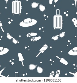 Seamless pattern with suitcase, ice cream, hat, sunglasses, beach slippers. Summer rest concept.