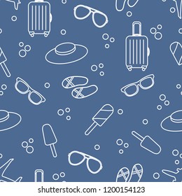 Seamless pattern with suitcase, ice cream, hat, sunglasses, beach slippers. Summer rest concept.