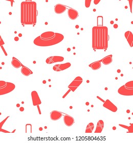 Seamless pattern with suitcase, ice cream, hat, sunglasses, beach slippers. Summer rest concept.