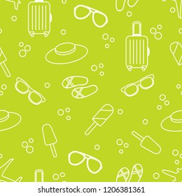 Seamless pattern with suitcase, ice cream, hat, sunglasses, beach slippers. Summer rest concept.