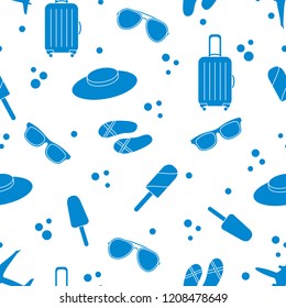 Seamless pattern with suitcase, ice cream, hat, sunglasses, beach slippers. Summer rest concept.