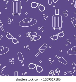 Seamless pattern with suitcase, ice cream, hat, sunglasses, beach slippers. Summer rest concept.