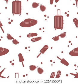 Seamless pattern with suitcase, ice cream, hat, sunglasses, beach slippers. Summer rest concept.