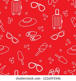 Seamless pattern with suitcase, ice cream, hat, sunglasses, beach slippers. Summer rest concept.