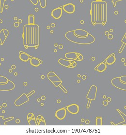 Seamless pattern with suitcase, ice cream, hat, sunglasses, beach slippers. Summer rest concept. Illuminating and Ultimate Gray.