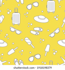 Seamless pattern with suitcase, ice cream, hat, sunglasses, beach slippers. Summer rest concept. Illuminating and Ultimate Gray.