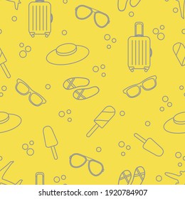 Seamless pattern with suitcase, ice cream, hat, sunglasses, beach slippers. Summer rest concept. Illuminating and Ultimate Gray.