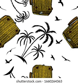 Seamless pattern suitcase and palm trees. Journey. Vector illustration