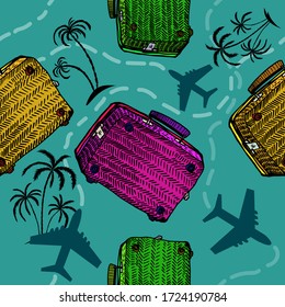 Seamless pattern suitcase and palm trees. Journey. Vector illustration