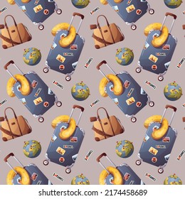 Seamless pattern with suitcase, travel bag, globe. Tourism, adventure, journey concept.Vector illustration.