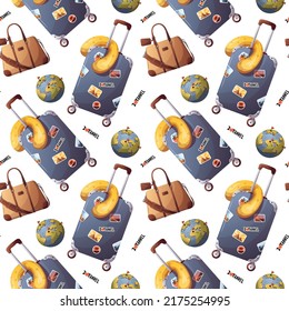 Seamless pattern with suitcase, travel bag, globe. Tourism, adventure, journey concept.Vector illustration.