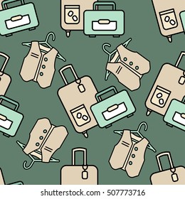 Seamless pattern with suitcase and waistcoat on hanger. Travel bags and clothes in various colors . Luggage , bag and vest. 