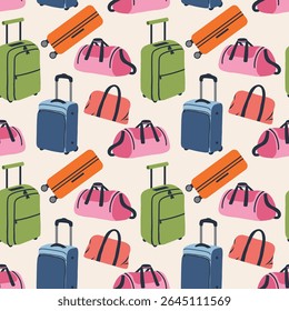 Seamless pattern of suitcases, bags, backpacks for travel in doodle style. Hand drawn luggage icons.