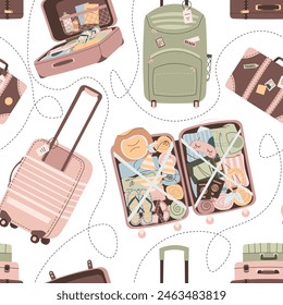 Seamless pattern with suitcases and bags. Endless background with luggage. Travel around the world, adventure. Great for wallpaper, scrapbooking, fabric