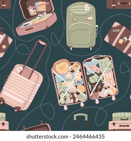 Seamless pattern with suitcases and bags. Endless background with luggage. Travel around the world, adventure. Great for wallpaper, scrapbooking, fabric