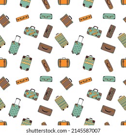 Seamless pattern with suitcases. Hand-drawn flat vector illustration. The concept of travel.