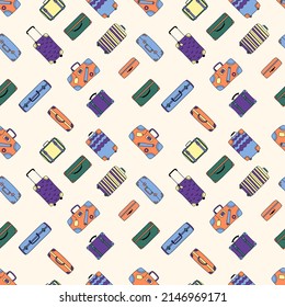 Seamless pattern with suitcases. Hand-drawn flat vector illustration. The concept of travel.