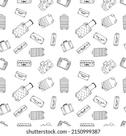 Seamless pattern with suitcases. Hand-drawn outline vector illustration. The concept of travel.