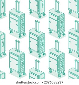 Seamless pattern with suitcases on wheels isolated on white background. Isometric outline objects. Vector illustration. Luggage. Travel symbol.