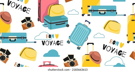 Seamless Pattern with Suitcases and Travel accessories. Inscription Bon Voyage. For your design of textile, paper, postcard. Flat vector illustration. 