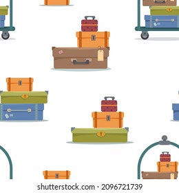 Seamless pattern with suitcases for travel on a white background. Vector illustration in minimalistic flat style, hand-drawn. Print for textiles, print design, postcards.