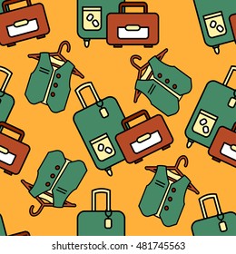 Seamless pattern with suitecase and waistcoat on clothes hanger. Travel bags and clothes in various colors . Luggage suitcase, bag and vest.