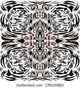 Seamless pattern with Sumatran tiger head, flowers, leaves, temples sketches with white background. Batik. Illustration. Vector.