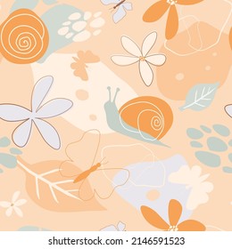 Patrón sin foco con adorno abstracto de verano. Simple huella minimalista con flores, caracoles, mariposas. Gráficos vectoriales.
