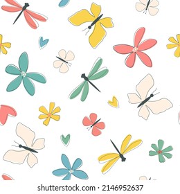 Seamless pattern with summer abstract ornament. Simple minimalistic print with flowers, dragonflies, butterflies. Vector graphics.