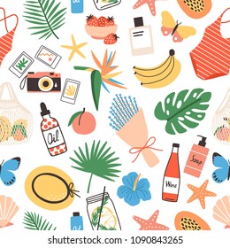 Seamless pattern with summer attributes on white background - exotic leaves, bouquet, swimsuit, straw hat, photo camera, flowers, fresh fruits and berries. Flat bright colored vector illustration