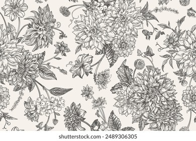 Seamless pattern with summer and autumn flowers. Vintage floral background in engraving style. Black and white