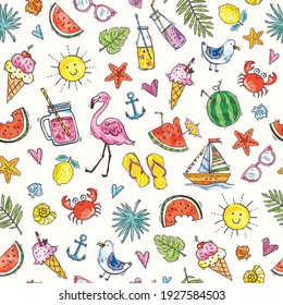 Seamless pattern. Summer background. Cute summer icons: food, drinks, tropical leaves, fruits, flamingo, crab, seagull. Vector flat style design. Doodle. Texture for wrapping paper, fabric, cards 