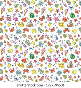 Seamless pattern. Summer background. Cute summer icons: food, drinks, tropical leaves, fruits, flamingo, crab, seagull. Vector flat style design. Doodle. Texture for wrapping paper, fabric, cards 