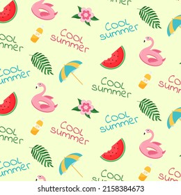 Seamless pattern. Summer background. Cute summer icons , clothes, drinks, tropical leaves, fruits. Texture for wrapping paper, fabric, postcards. Vector.