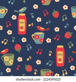 Seamless pattern. Summer background (drinks, fruits, birds, flowers). Vector illustration.