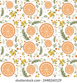 Seamless pattern, summer background of oranges, lemons, olives and botanicals. Seamless floral pattern with gin and tonic ingredients. Summer pattern of tropical fruit.