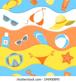Seamless pattern for the summer background with various beach essentials in flat style